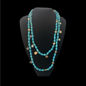 VTG Tutti Frutti Charm Necklace Blue Beads Gold Tone Charms Signed 21" Long HTF